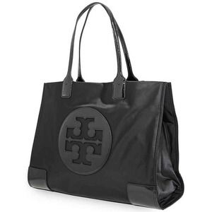 TORY BURCH Ella Medium Patent Leather Trim Studded Tote Bag Black big logo